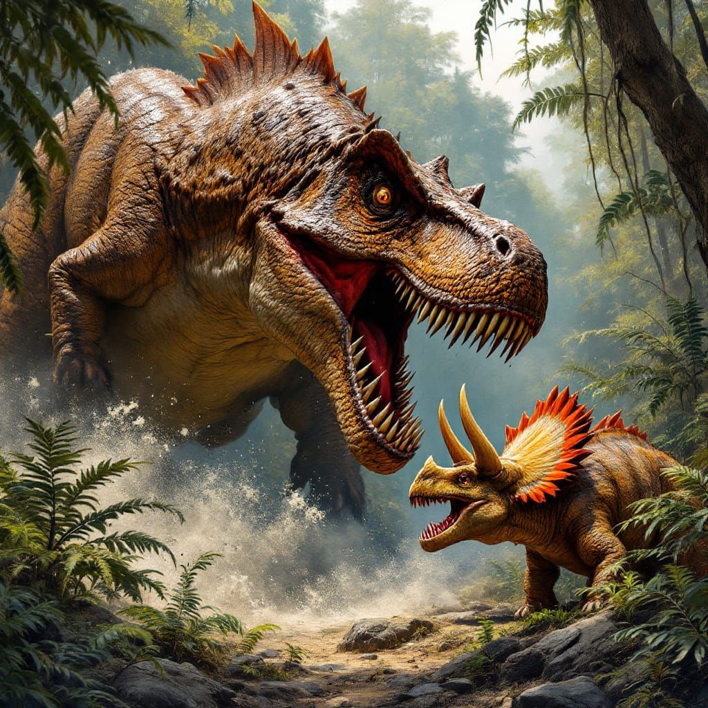 Tyrannosaurus Rex vs Triceratops in Cretaceous Forest