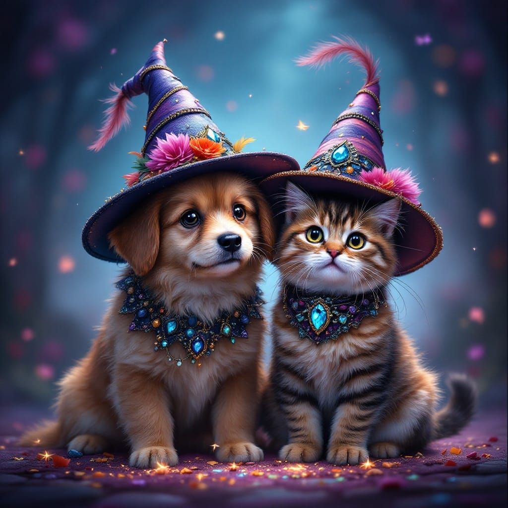 Whimsical Witch Pets in Hyperrealistic Splash Art