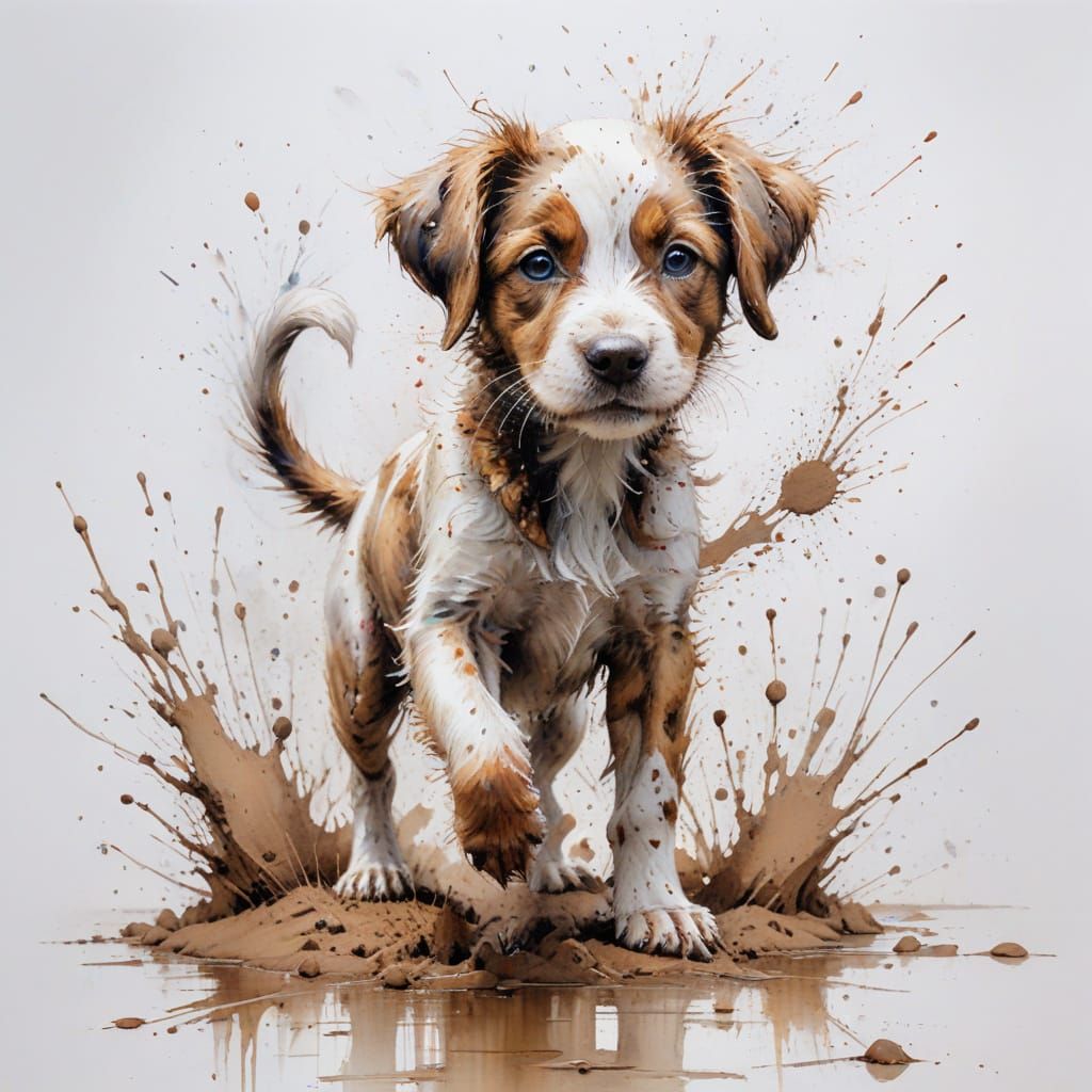 Playful Puppy's Muddy Prints: A Watercolor Masterpiece