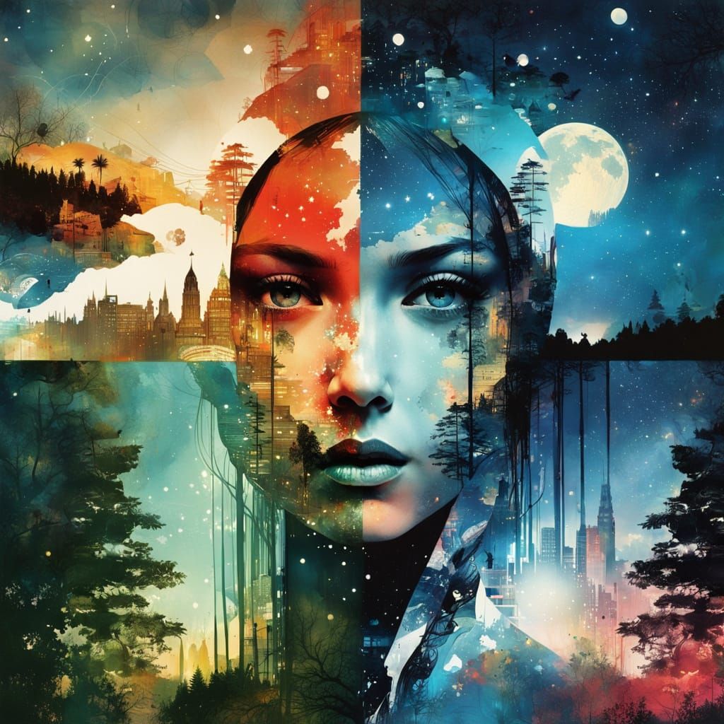 Surreal Double Exposure Galaxy Scene with Princess Silhouett...