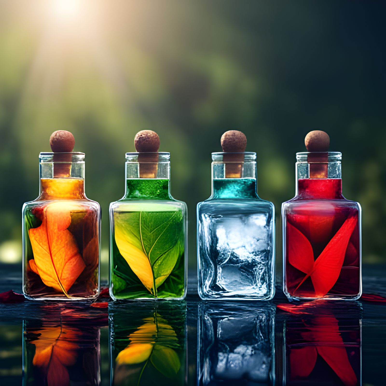 Icy Bottles with Leaves in Hyperrealistic Digital Art