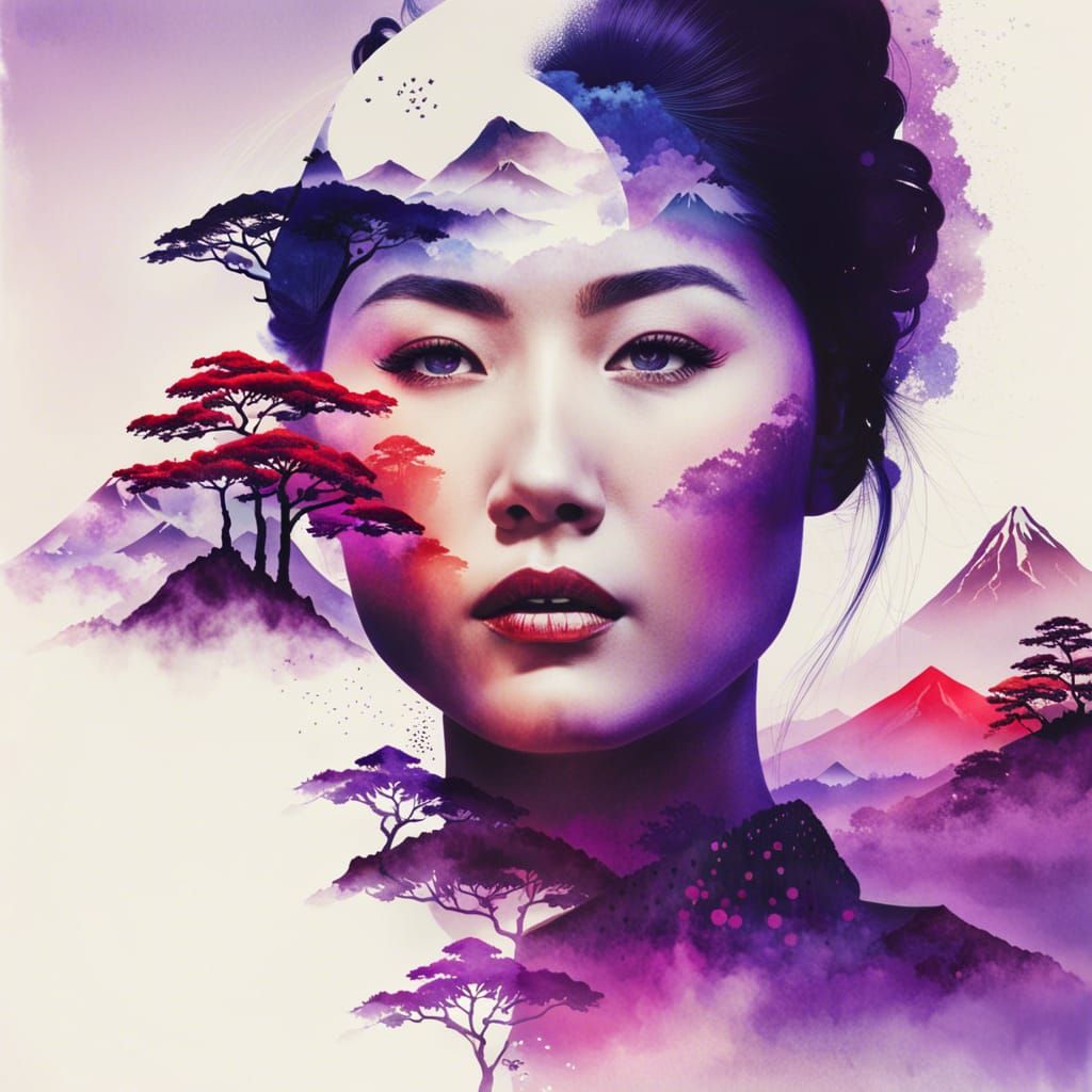 Kimono Girl Double Exposure: Fuji Sunrise Watercolor