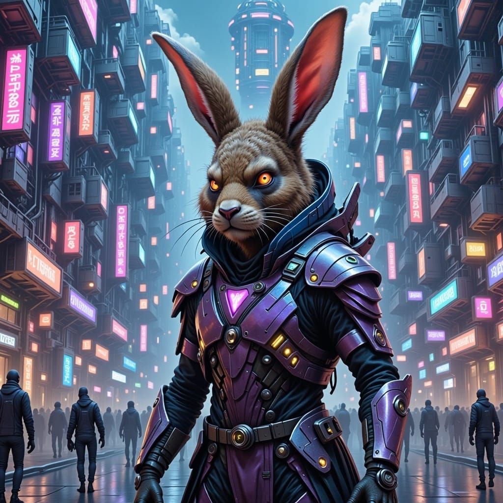 Futuristic Rabbit Hero in Neon Metropolis