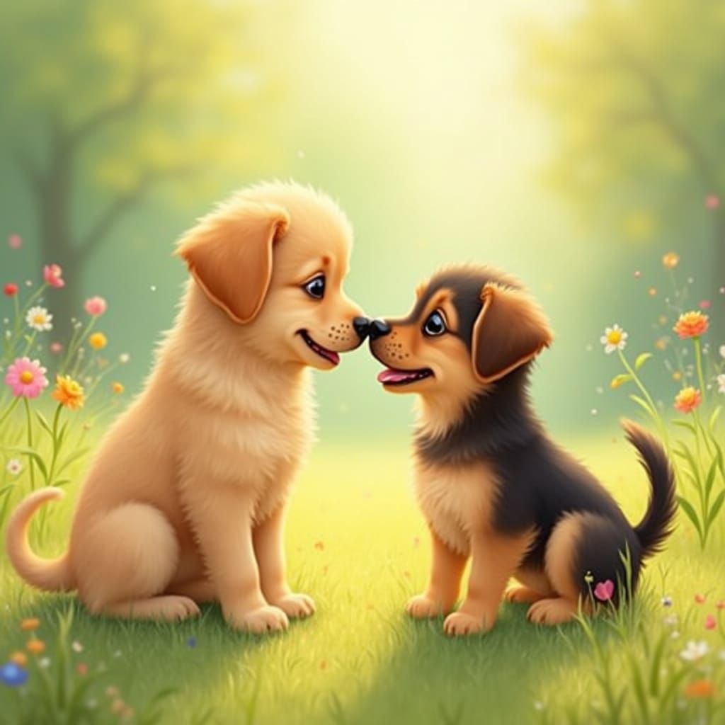 Puppies Meet in Sun-Dappled Park, Storybook Style