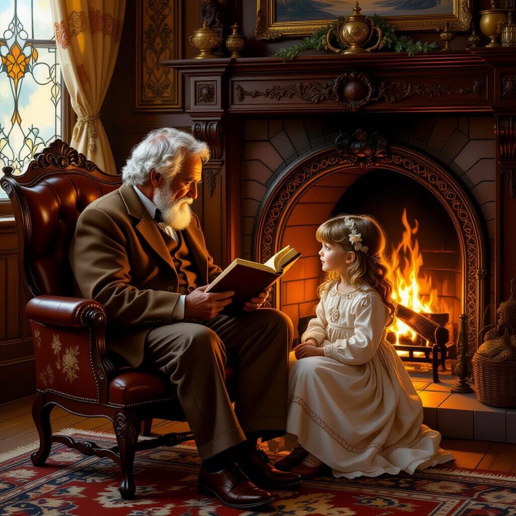 Grandfather and Granddaughter by Fireplace in Art Nouveau St...