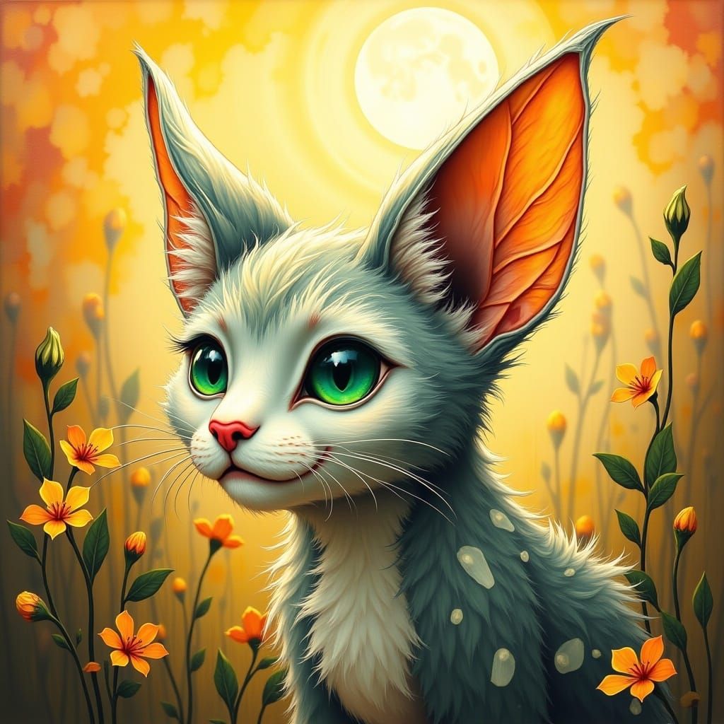 Whimsical Emerald-Eyed Cat in Vibrant Illustration