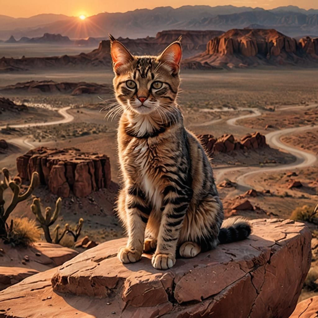Grumpy Kitten Sits at Desert Sunset, Digital Art