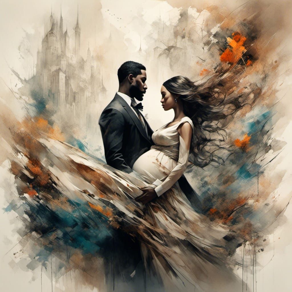 Romantic Kiss on Pregnant Belly, Detailed Digital Portrait