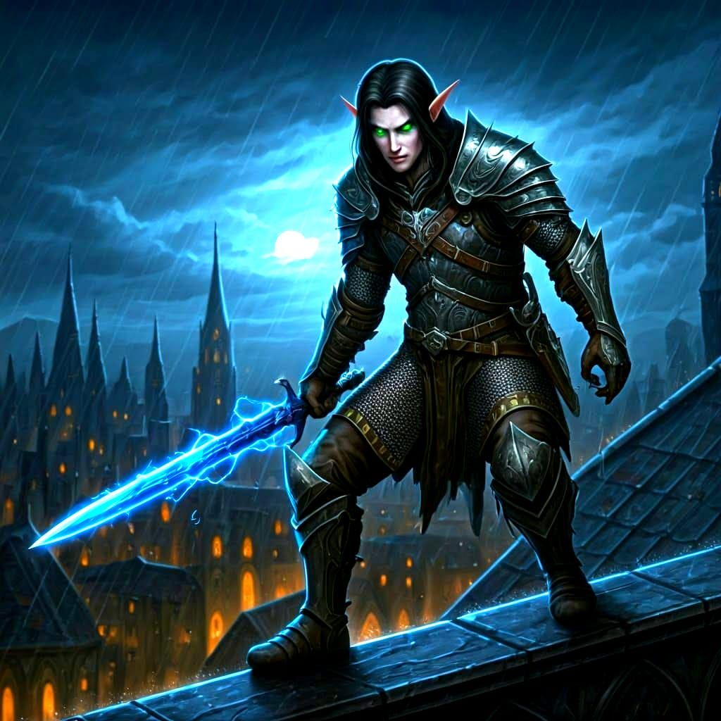 Half Elf Rogue with Lightning Sword on Rooftop