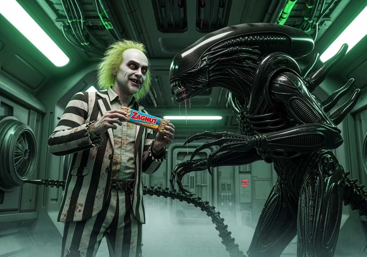 Beetlejuice and Xenomorph Share a Zagnut Bar