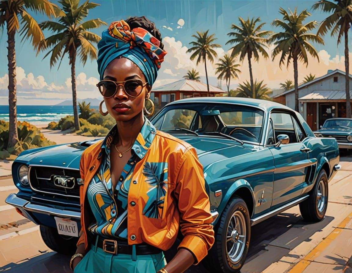 African Woman and Retro Mustang, as Oil Painting