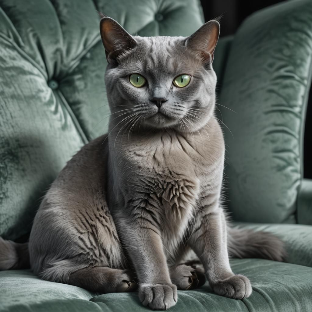 Surreal Blue Burmese Cat in Velvet Armchair