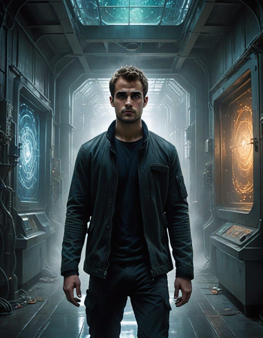 Theo James as Four in a Futuristic Laboratory Hallscape