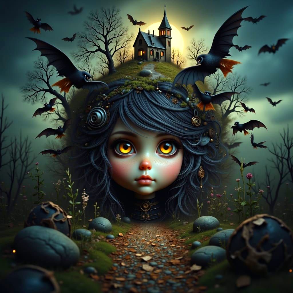 Toddler with Gothic Landscape and Bat Swirl