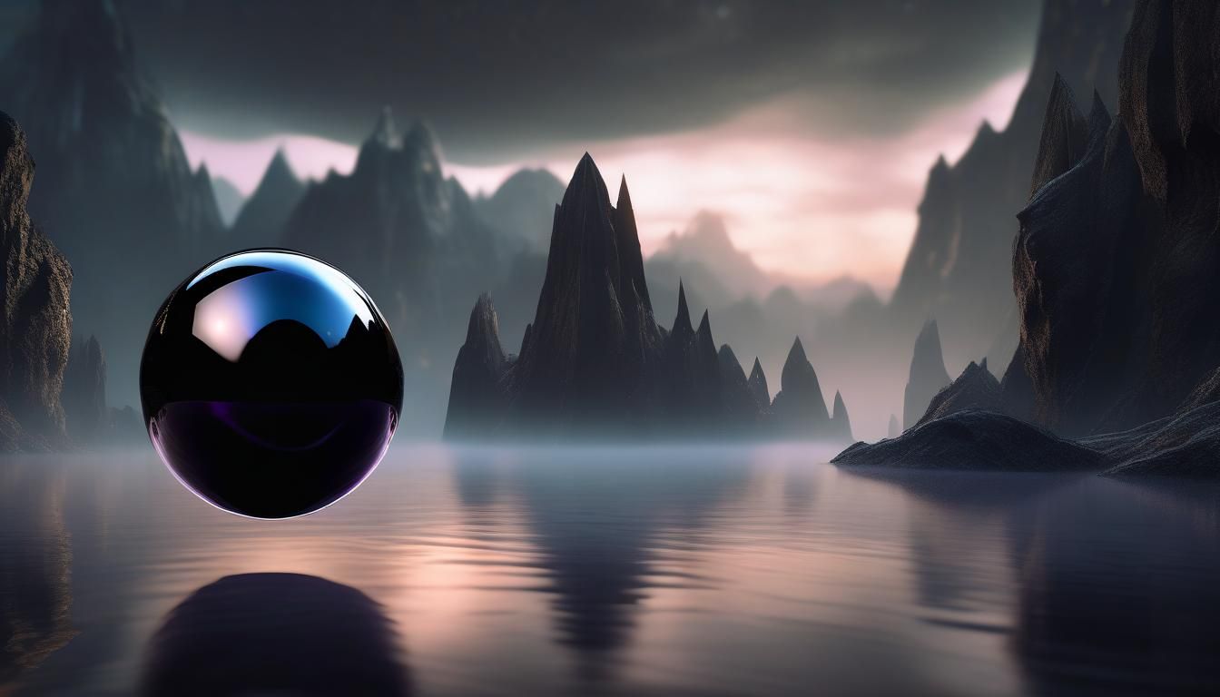 Floating Obsidian Orb in Dark Fantasy Landscape
