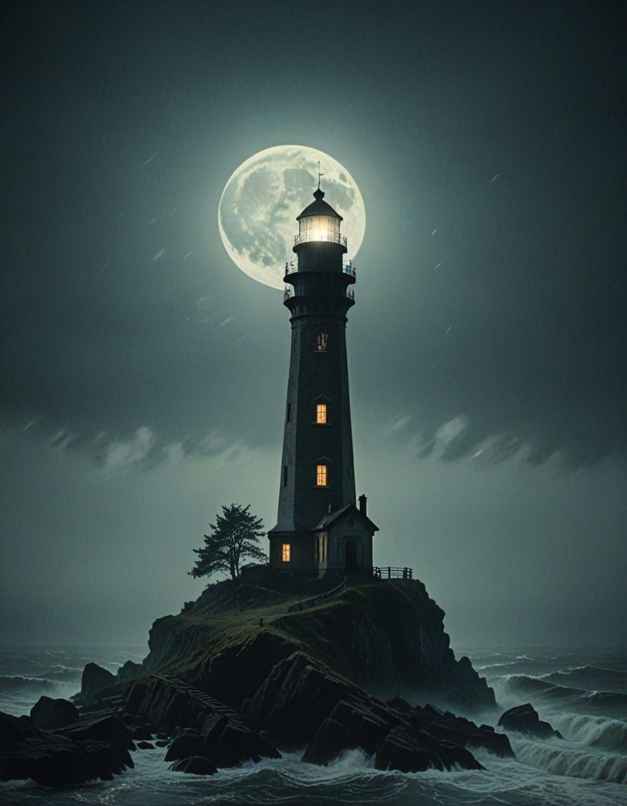Gothic Lighthouse on Windswept Cliff in Romantic Style