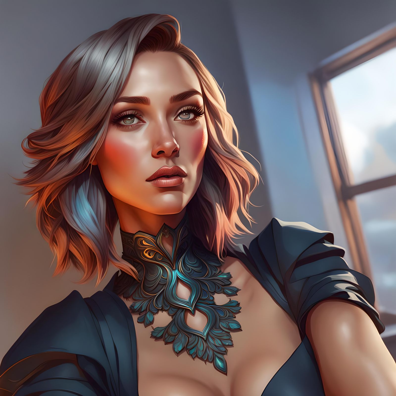 Elegant Portrait with Dynamic Lighting, Digital Art