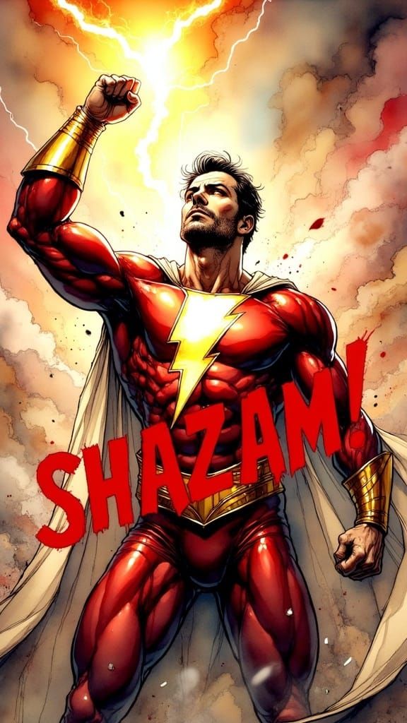 Superhero Grasping Lightning Bolt in Faded Comic Style