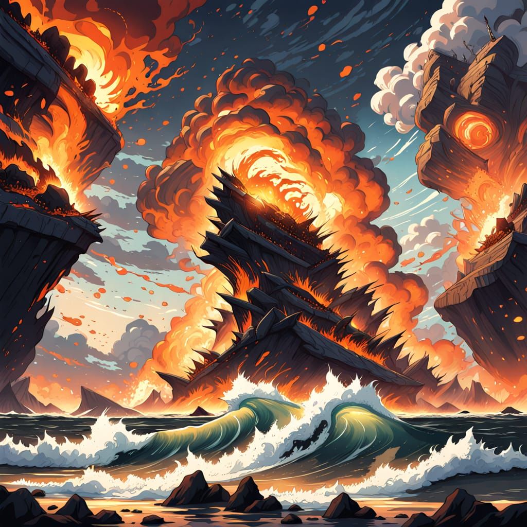 Molten Ocean Under Ash Sky Anime Style