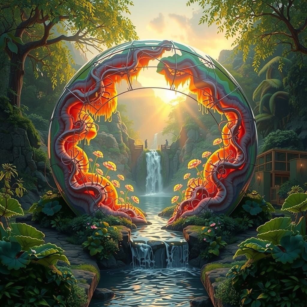 Ornate Rainbow Mycelial Sculpture at Golden Hour