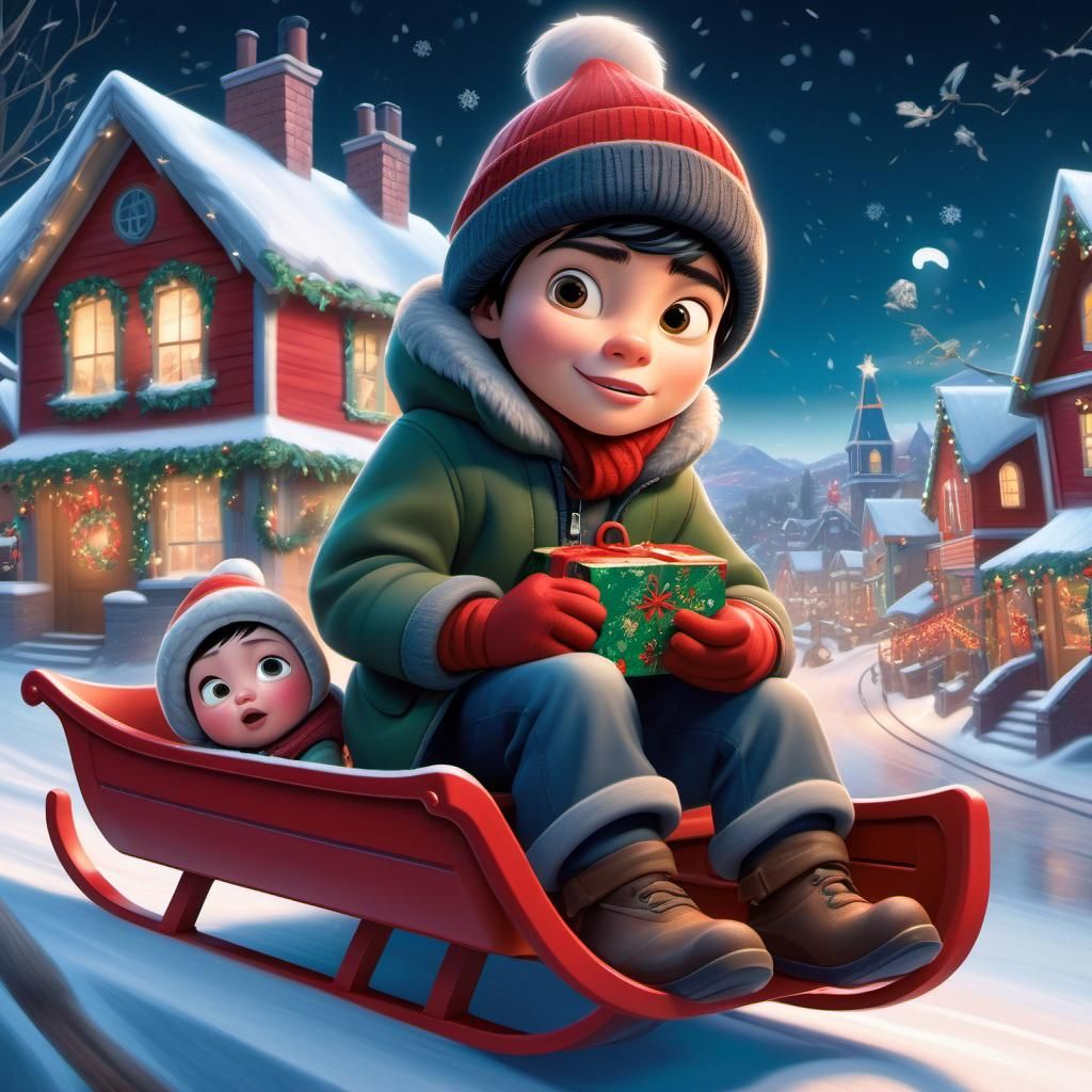 Full scene image of a Disney Pixar style 3D 12-year-old boy in a winter coat and hat, on a red sled holding a baby, focu...