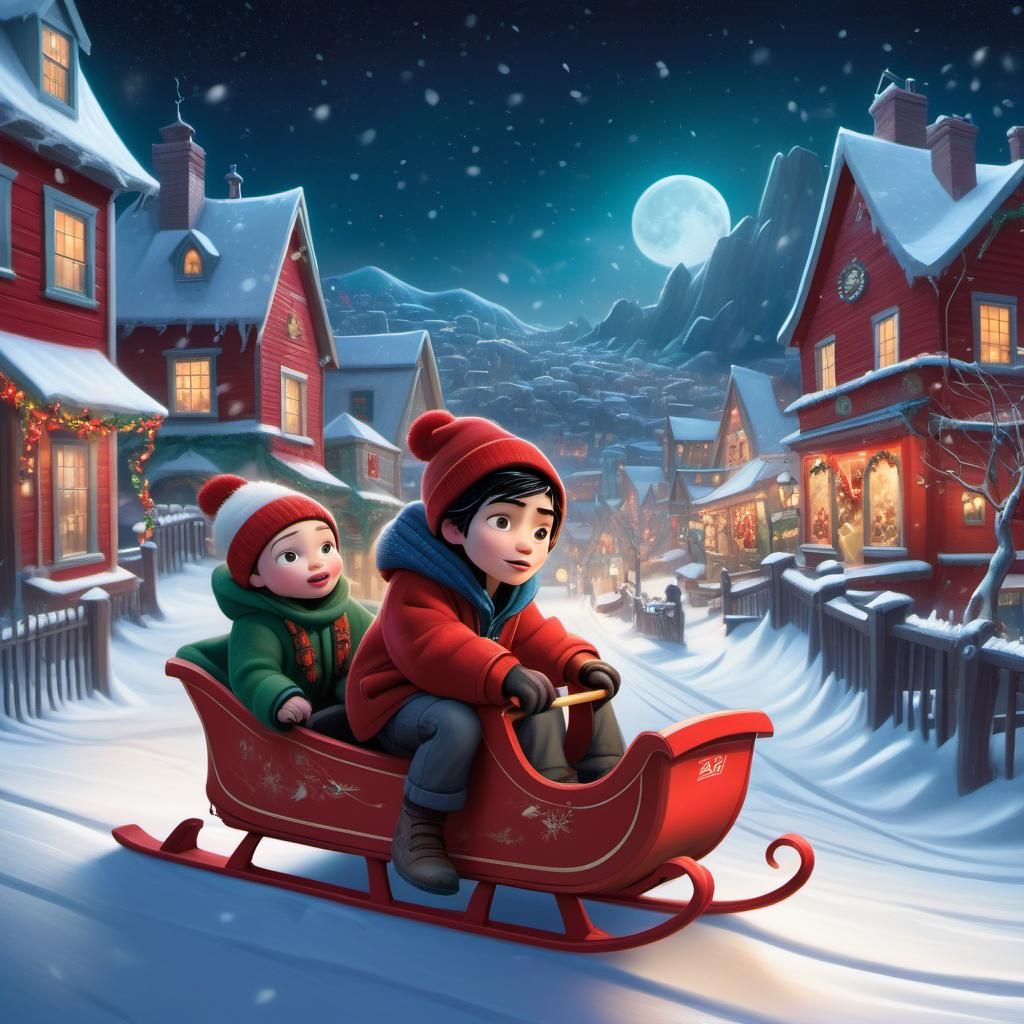 Full scene image of a Disney Pixar style 3D 12-year-old boy in a winter coat and hat, on a red sled holding a baby, focu...
