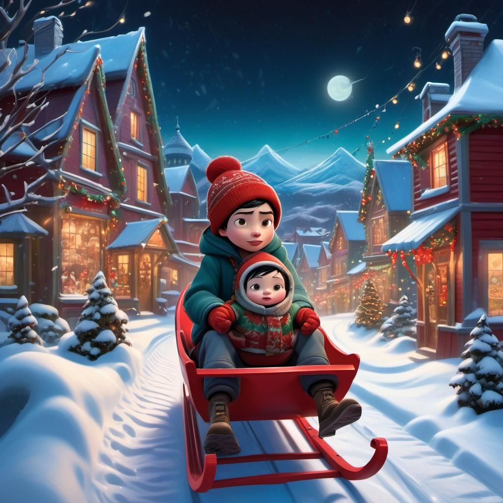 Full scene image of a Disney Pixar style 3D 12-year-old boy in a winter coat and hat, on a red sled holding a baby, focu...