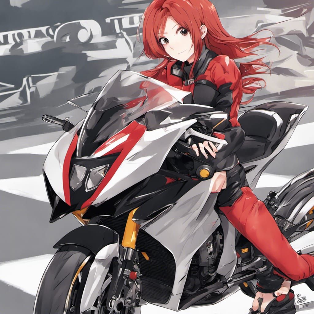 Anime Girl with Red Hair on Superbike