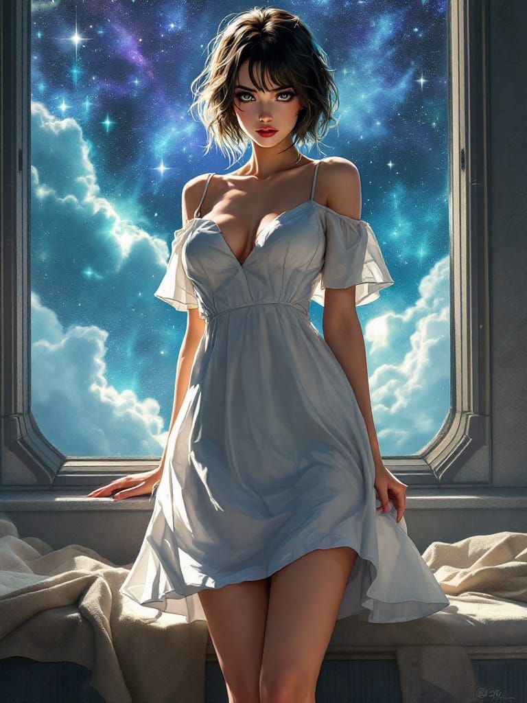 Anime Woman in White Dress with Celestial Lighting