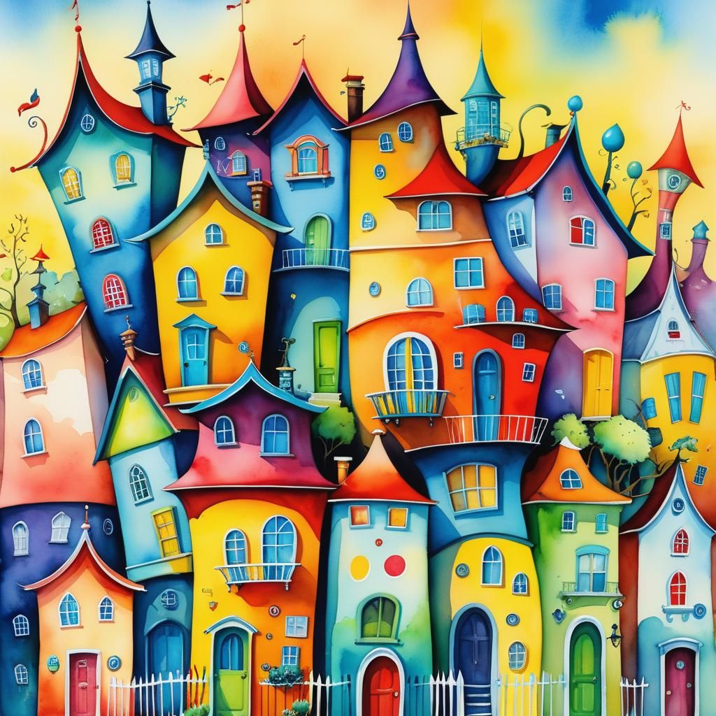 Whimsical Wonky Town in Watercolor Style