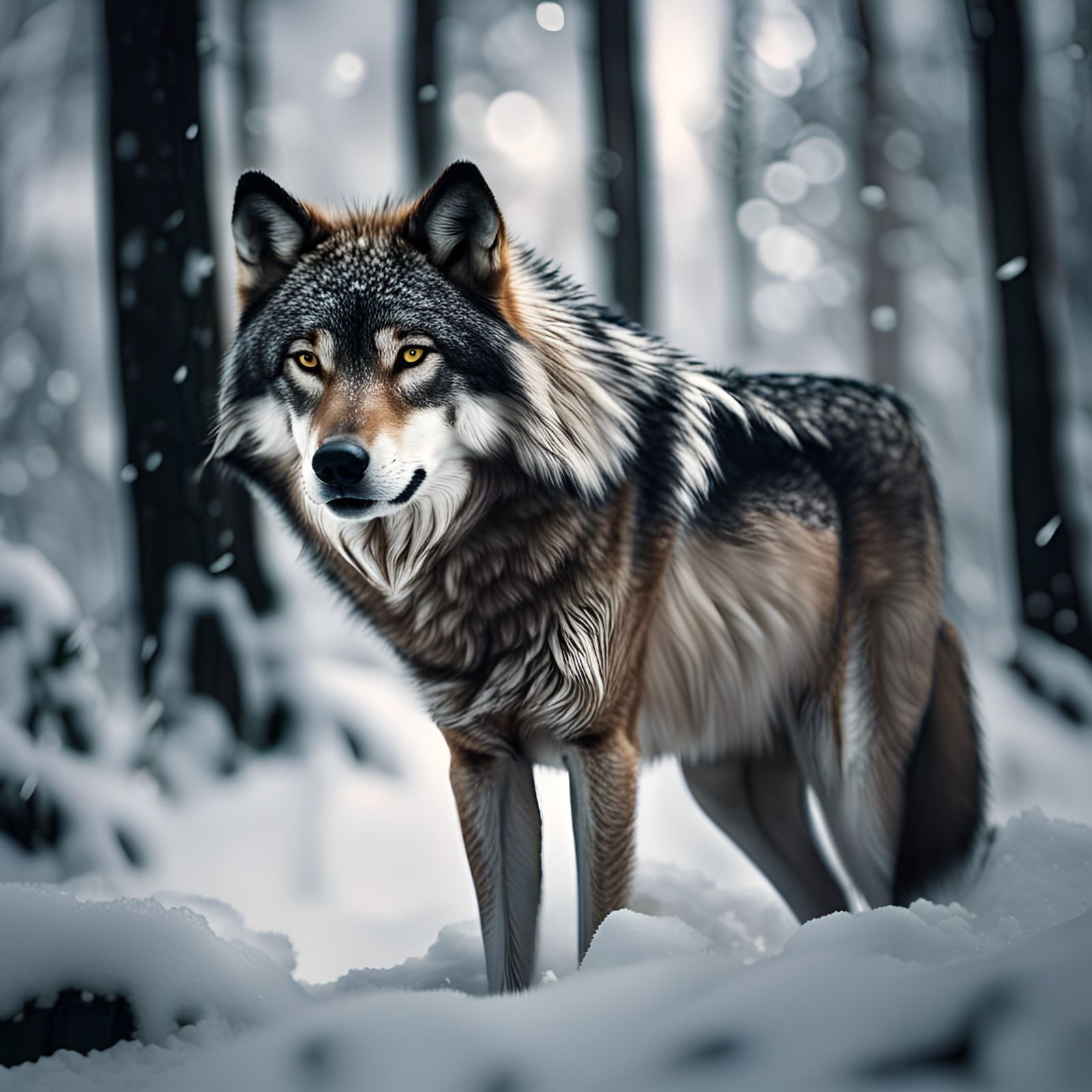 Wolf in Snowy Woods: Hyperrealistic 64 Megapixel Image