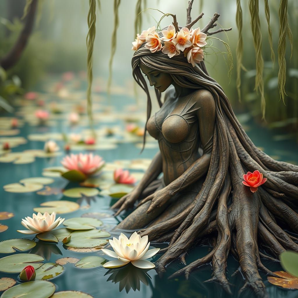 Mystical Tree Sculpture in Teal Waterway