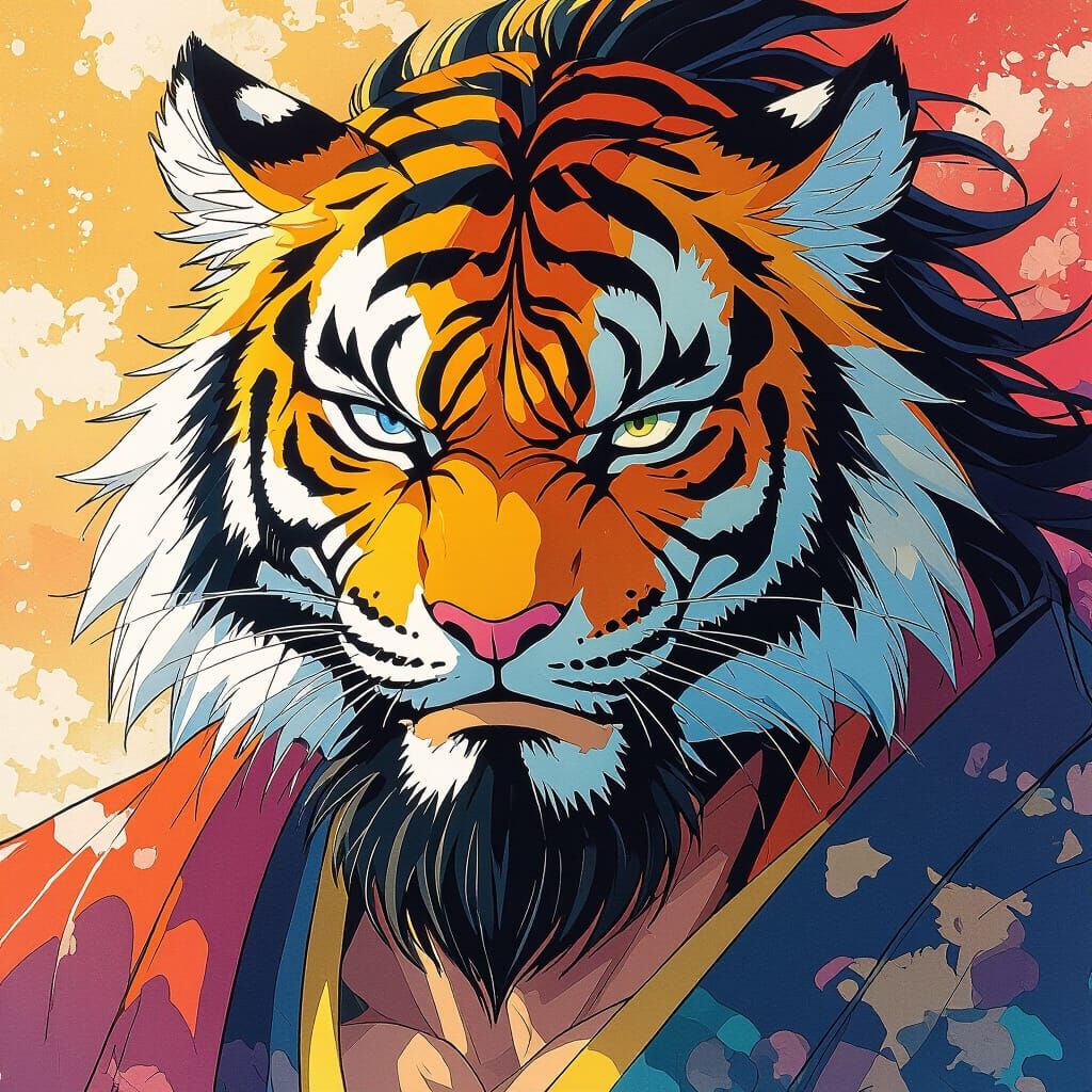 Stylized Anime Tiger Man with Metallic Sheen