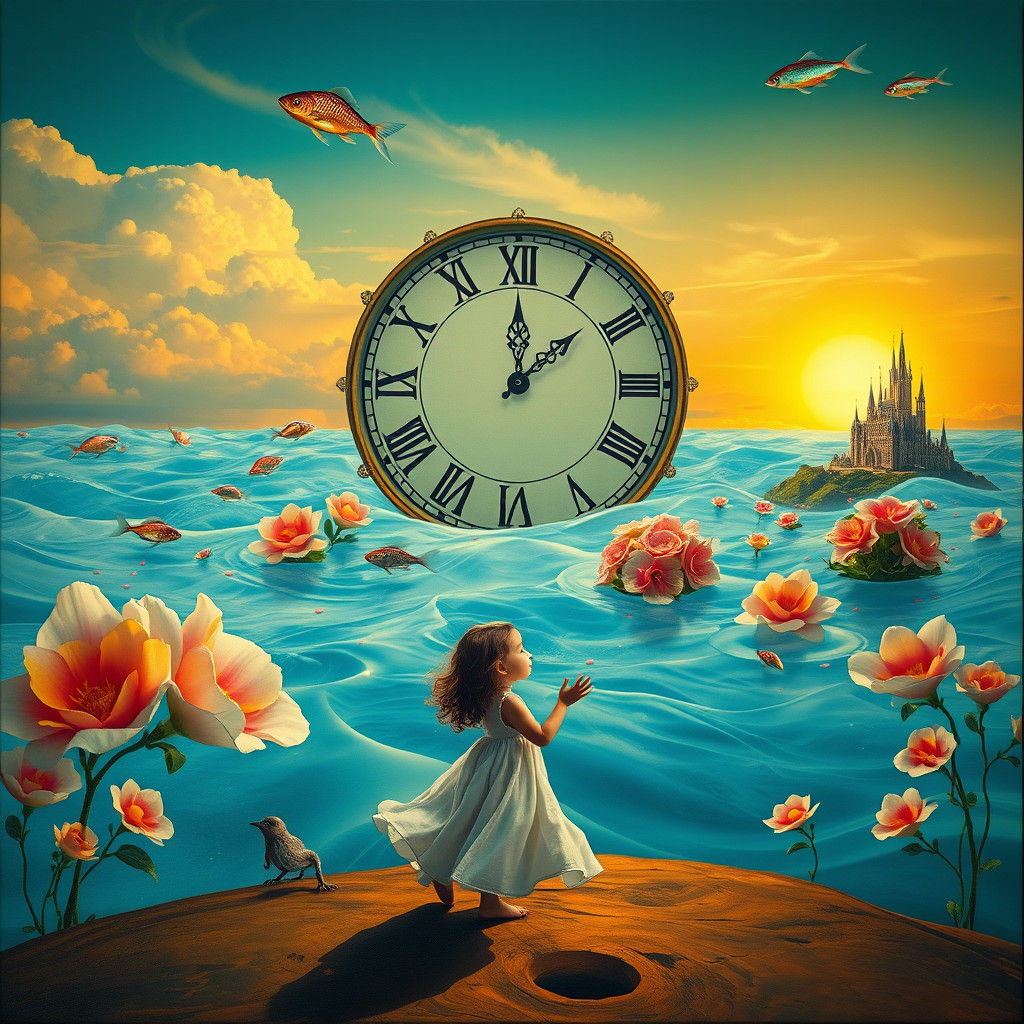 Surreal Dreamscape: Child, Shadow, and Melting Clock
