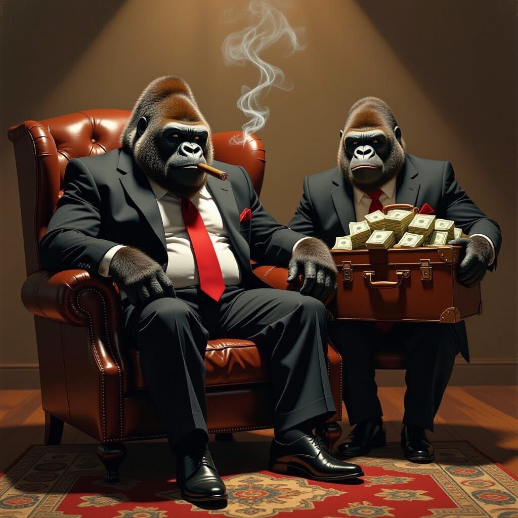 Gorilla in Suit Sits in Armchair with Cash