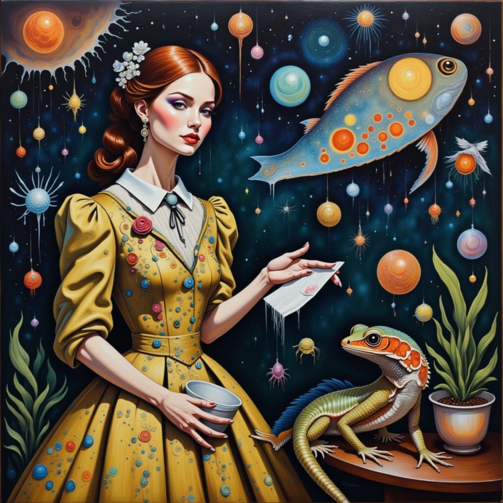 <lora:My pets:1.0><lora:My outfits:1.0> a model with a Norman Rockwell inspired runway dress next to a gecko