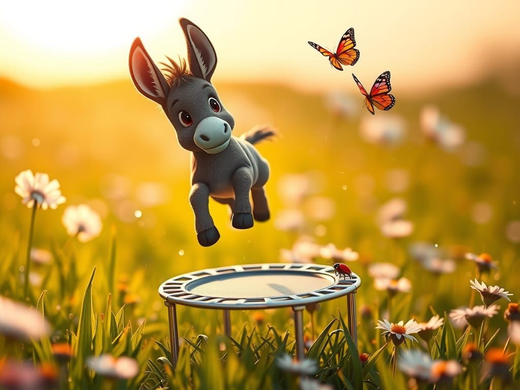 Surreal Cartoon Donkey Leaps Joyfully in a Whimsical Meadow