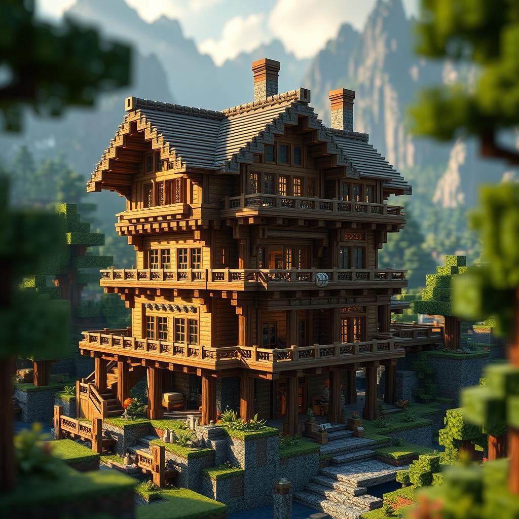 Majestic Multistoried Minecraft Wooden House