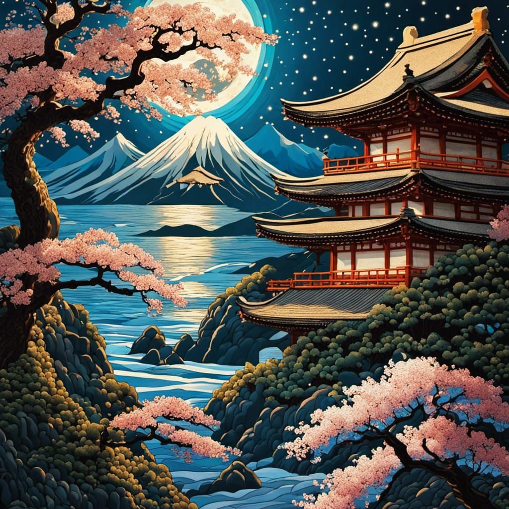 100% broken glass tile mosaic Japanese Seascape