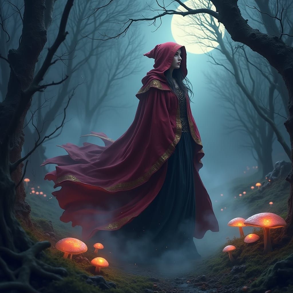 Mystical Witch in Crimson Robe Surrounded by Moonlit Forest