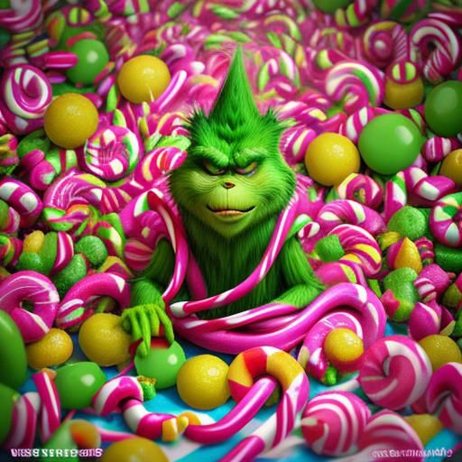 Grinch in Candyland: A Hyperrealistic Digital Illustration