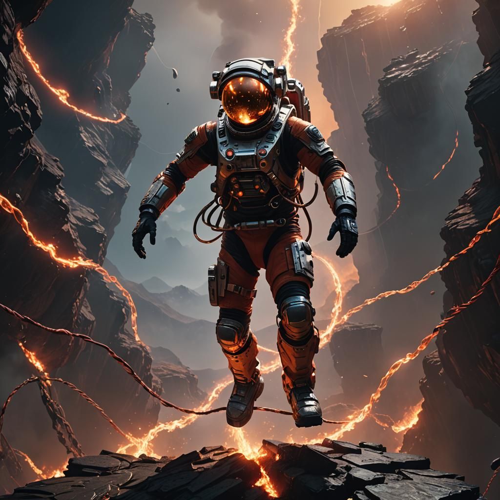 Astronaut Tightrope Walker over Abyss in Sci-Fi Style