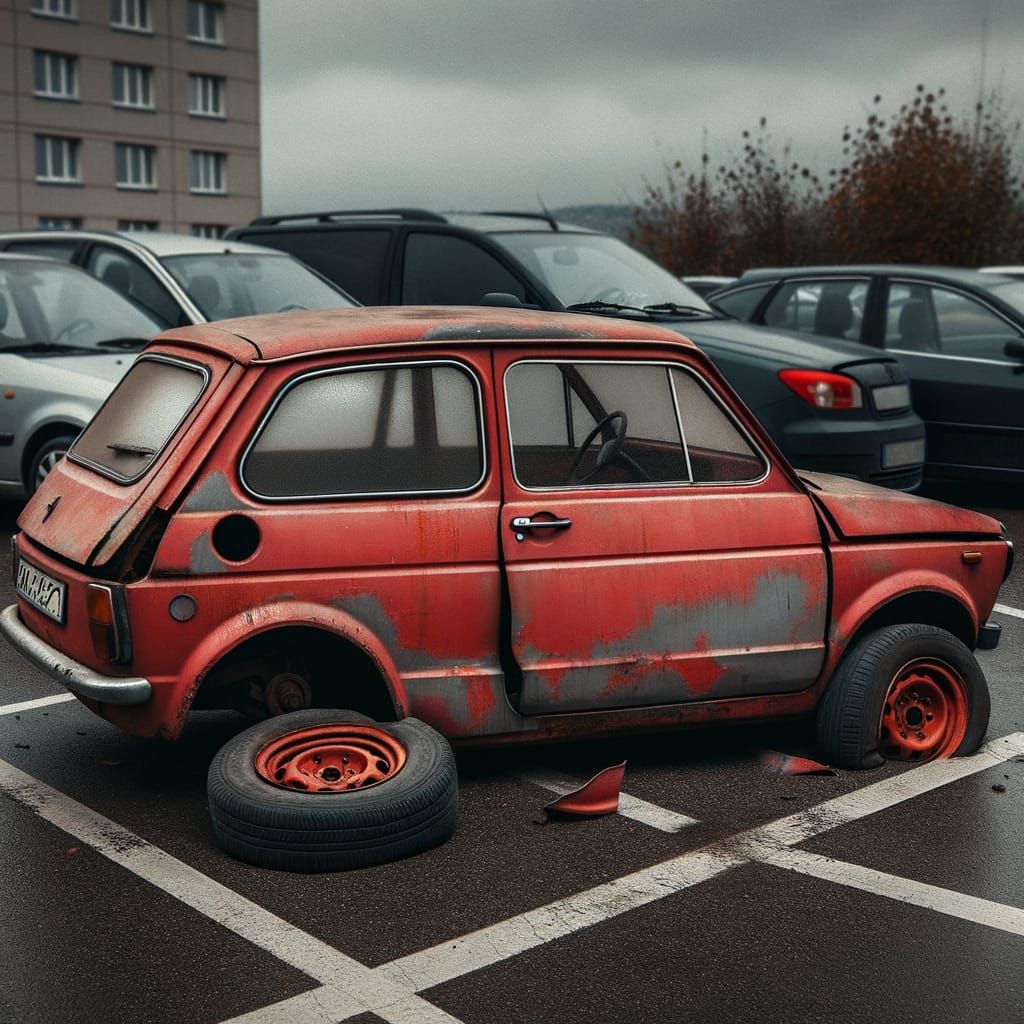 Rusty Red Hatchback Wrecked in Parking Lot