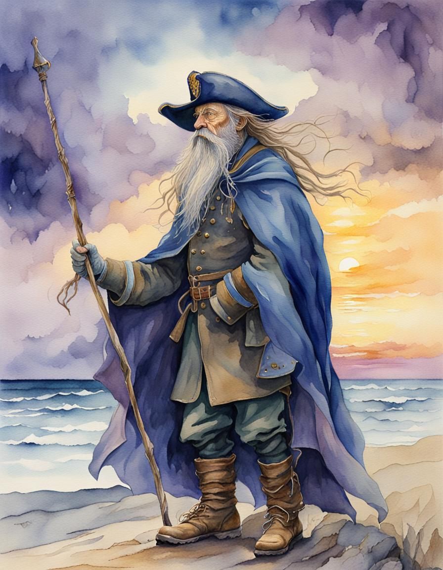 Winter Sea Captain on Beach in Watercolor Style