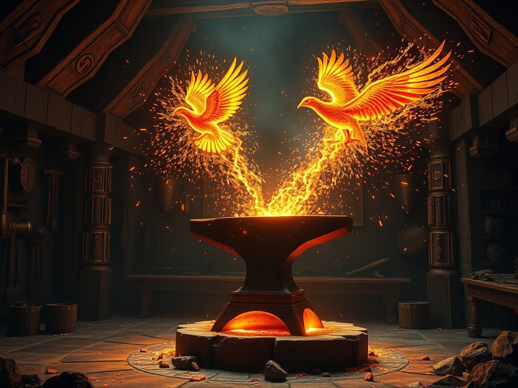 Obsidian Anvil in Dwarven Forge, Hyperrealistic 8k Render