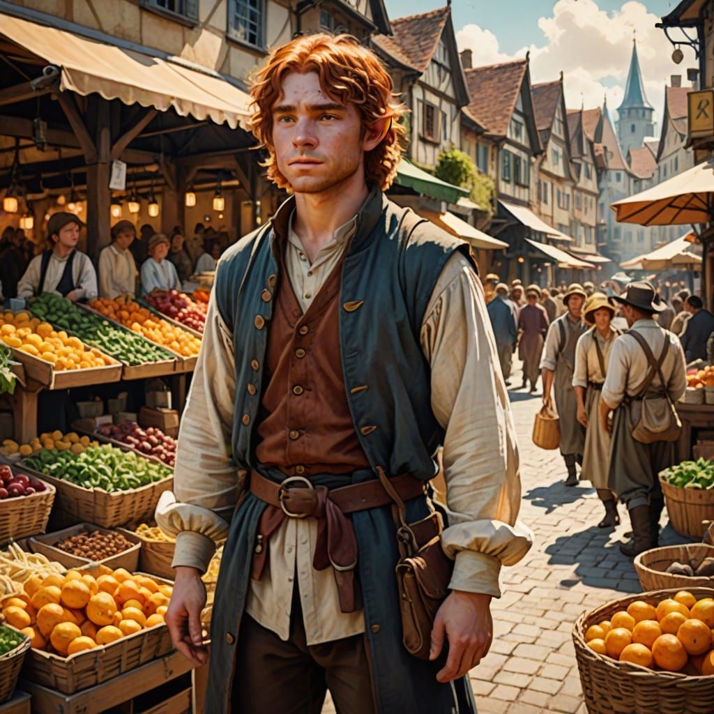 Whimsical Halfling in a Bustling Market Square