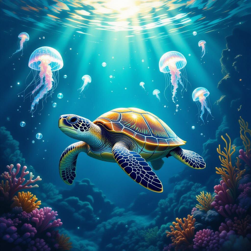 Mystical Turtle's Journey Through a Luminous Ocean
