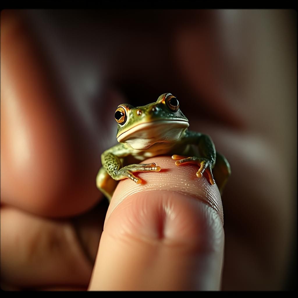 Frog on Finger in Cinematic Lighting