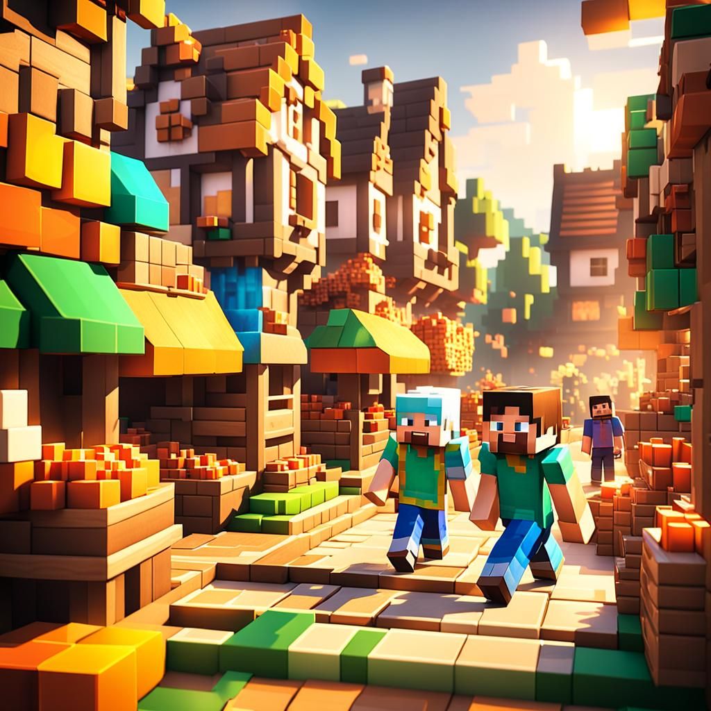 Minecraft Villager Trading in Blocky Village: 3D Illustratio...