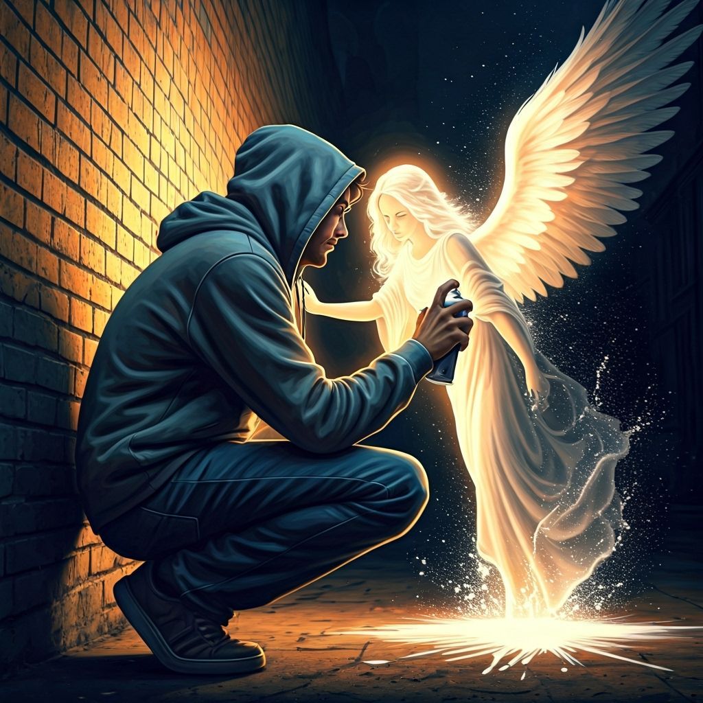 Street Artist Touched by Angel in Hyperrealistic Digital Art